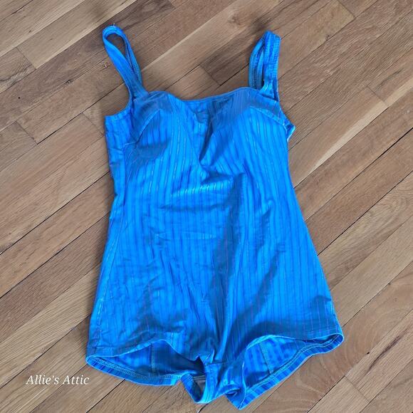 Vintage Womens Bathing Suit One Piece Swimsuit Blue Purple Stripe Mainstream - Picture 1 of 9